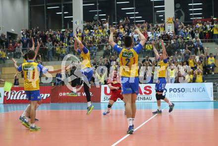 Volleyball Bundesliga Herren. DenitBank AG Volley League Men. SK Posojilnica Aich/Dob gegen SG Union Raiffeisen Waldviertel. Jubel (Aich/Dob). Bleiburg, am 15.4.2018.
Foto: Kuess
---
pressefotos, pressefotografie, kuess, qs, qspictures, sport, bild, bilder, bilddatenbank