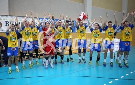 Volleyball Bundesliga Herren. DenitBank AG Volley League Men. SK Posojilnica Aich/Dob gegen SG Union Raiffeisen Waldviertel. Jubel   (Meister Aich/Dob). Bleiburg, am 15.4.2018.
Foto: Kuess
---
pressefotos, pressefotografie, kuess, qs, qspictures, sport, bild, bilder, bilddatenbank