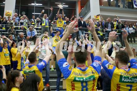 Volleyball Bundesliga Herren. DenitBank AG Volley League Men. SK Posojilnica Aich/Dob gegen SG Union Raiffeisen Waldviertel. Jubel  Nejc Pusnik (Meister Aich/Dob). Bleiburg, am 15.4.2018.
Foto: Kuess
---
pressefotos, pressefotografie, kuess, qs, qspictures, sport, bild, bilder, bilddatenbank