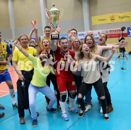 Volleyball Bundesliga Herren. DenitBank AG Volley League Men. SK Posojilnica Aich/Dob gegen SG Union Raiffeisen Waldviertel. Jubel Manuel Steiner  (Meister Aich/Dob). Bleiburg, am 15.4.2018.
Foto: Kuess
---
pressefotos, pressefotografie, kuess, qs, qspictures, sport, bild, bilder, bilddatenbank