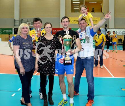 Volleyball Bundesliga Herren. DenitBank AG Volley League Men. SK Posojilnica Aich/Dob gegen SG Union Raiffeisen Waldviertel. Jubel Michal Hruska  (Meister Aich/Dob). Bleiburg, am 15.4.2018.
Foto: Kuess
---
pressefotos, pressefotografie, kuess, qs, qspictures, sport, bild, bilder, bilddatenbank