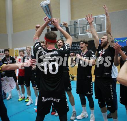 Volleyball Bundesliga Herren. DenitBank AG Volley League Men. SK Posojilnica Aich/Dob gegen SG Union Raiffeisen Waldviertel.  Jubel (Waldviertel). Bleiburg, am 15.4.2018.
Foto: Kuess
---
pressefotos, pressefotografie, kuess, qs, qspictures, sport, bild, bilder, bilddatenbank