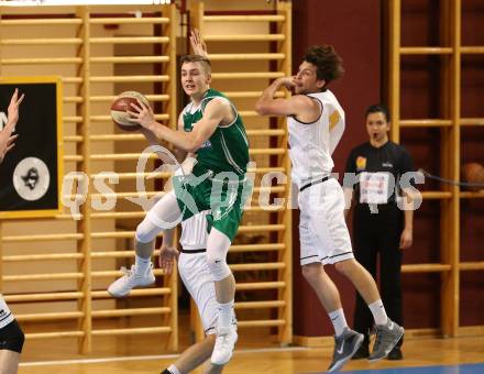 Basketball 2. Bundesliga. Playdown. 5. Runde. Woerthersee Piraten gegen KOS Celovec. Sebastian Schaal,  (Piraten), Jan Razdevsek (KOS). Klagenfurt, am 21.4.2018.
Foto: Kuess
---
pressefotos, pressefotografie, kuess, qs, qspictures, sport, bild, bilder, bilddatenbank