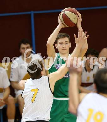 Basketball 2. Bundesliga. Playdown. 5. Runde. Woerthersee Piraten gegen KOS Celovec. Lukas Simoner,  (Piraten), Adrian Babic (KOS). Klagenfurt, am 21.4.2018.
Foto: Kuess
---
pressefotos, pressefotografie, kuess, qs, qspictures, sport, bild, bilder, bilddatenbank