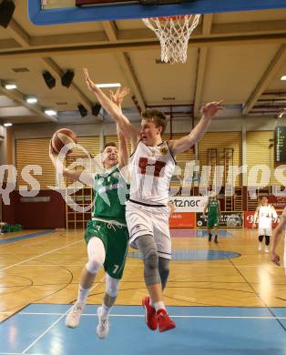 Basketball 2. Bundesliga. Playdown. 5. Runde. Woerthersee Piraten gegen KOS Celovec. Lukas Simoner,  (Piraten), Jan Razdevsek (KOS). Klagenfurt, am 21.4.2018.
Foto: Kuess
---
pressefotos, pressefotografie, kuess, qs, qspictures, sport, bild, bilder, bilddatenbank
