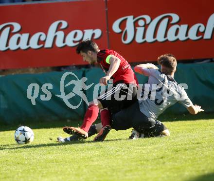Fussball. Kaerntner Liga. St. Jakob Ros. gegen ATUS Ferlach. Manuel Alexander Schuettelkopf (St. Jakob),  Daniel Jobst (Ferlach). St. Jakob, 21.4.2018.
Foto: Kuess
---
pressefotos, pressefotografie, kuess, qs, qspictures, sport, bild, bilder, bilddatenbank
