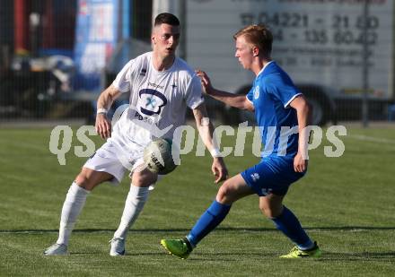 Fussball Kaerntner Liga. SAK gegen Annabichler SV. Zoran Vukovic, Luca-(SAK),  Emanuel Rauscher (ASV). Welzenegg, am 20.4.2018.
Foto: Kuess
---
pressefotos, pressefotografie, kuess, qs, qspictures, sport, bild, bilder, bilddatenbank