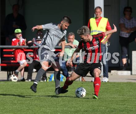 Fussball. Kaerntner Liga. St. Jakob Ros. gegen ATUS Ferlach. Dragan Ovcina (St. Jakob),  Abian Jose Serrano Davila (Ferlach). St. Jakob, 21.4.2018.
Foto: Kuess
---
pressefotos, pressefotografie, kuess, qs, qspictures, sport, bild, bilder, bilddatenbank