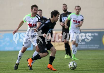 Fussball Kaerntner Liga. Bleiburg gegen Feldkirchen.  Chan Sol Park, (Bleiburg), Marco Mueller  (Feldkirchen). Bleiburg, am 28.4.2018.
Foto: Kuess
---
pressefotos, pressefotografie, kuess, qs, qspictures, sport, bild, bilder, bilddatenbank