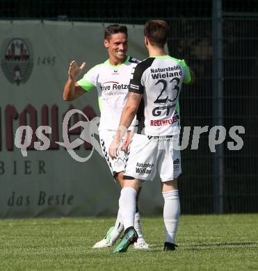 Fussball Kaerntner Liga. KAC 1909 gegenn Feldkirchen.  Torjubel Sebastian Hertelt, Raphael Regenfelder  (Feldkirchen). Klagenfurt, am 26.5.2018.
Foto: Kuess
---
pressefotos, pressefotografie, kuess, qs, qspictures, sport, bild, bilder, bilddatenbank