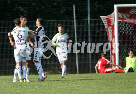 Fussball Kaerntner Liga. KAC 1909 gegenn Feldkirchen.  Torjubel Sebastian Hertelt, Michael Tammegger, Mario Antunovic  (Feldkirchen). Klagenfurt, am 26.5.2018.
Foto: Kuess
---
pressefotos, pressefotografie, kuess, qs, qspictures, sport, bild, bilder, bilddatenbank