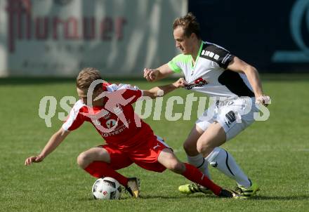 Fussball Kaerntner Liga. KAC 1909 gegenn Feldkirchen. Tobias Alexander Schaflechner,  (KAC), Michael Tammegger (Feldkirchen). Klagenfurt, am 26.5.2018.
Foto: Kuess
---
pressefotos, pressefotografie, kuess, qs, qspictures, sport, bild, bilder, bilddatenbank