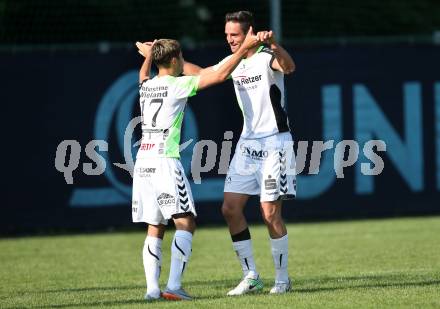 Fussball Kaerntner Liga. KAC 1909 gegenn Feldkirchen.  Torjubel Sebastian Hertelt, Kevin Alfons Bretis  (Feldkirchen). Klagenfurt, am 26.5.2018.
Foto: Kuess
---
pressefotos, pressefotografie, kuess, qs, qspictures, sport, bild, bilder, bilddatenbank