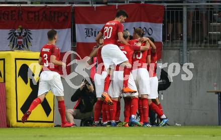 Fussball Laenderspiel. Oesterreich gegen Deutschland. Torjubel Martin Hinteregger, Stefan Lainer, Julian Baumgartlinger, Allesandro Schoepf (Oesterreich). Klagenfurt Woerthersee Stadion, am 2.6.2018.
Foto: Kuess


---
pressefotos, pressefotografie, kuess, qs, qspictures, sport, bild, bilder, bilddatenbank