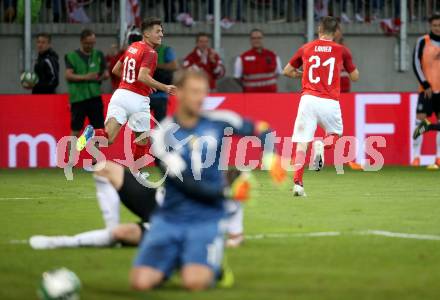 Fussball Laenderspiel. Oesterreich gegen Deutschland. Torjubel Alessandro Schoepf, Stefan Lainer, (Oesterreich), Manuel Neuer  (Deutschland). Klagenfurt Woerthersee Stadion, am 2.6.2018.
Foto: Kuess


---
pressefotos, pressefotografie, kuess, qs, qspictures, sport, bild, bilder, bilddatenbank