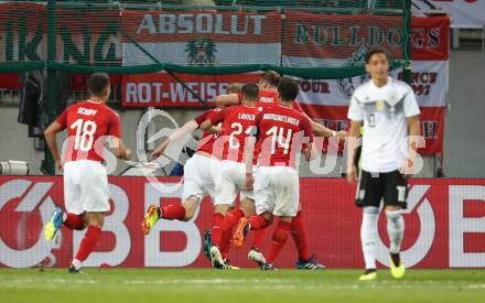 Fussball Laenderspiel. Oesterreich gegen Deutschland. Torjubel Martin Hinteregger, Stefan Lainer, Julian Baumgartlinger, Allesandro Schoepf (Oesterreich). Klagenfurt Woerthersee Stadion, am 2.6.2018.
Foto: Kuess


---
pressefotos, pressefotografie, kuess, qs, qspictures, sport, bild, bilder, bilddatenbank