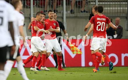 Fussball Laenderspiel. Oesterreich gegen Deutschland. Torjubel Alessandro Schoepf, Stefan Lainer, Aleksandar Dragovic, Florian Grillitsch
 (Oesterreich). Klagenfurt Woerthersee Stadion, am 2.6.2018.
Foto: Kuess


---
pressefotos, pressefotografie, kuess, qs, qspictures, sport, bild, bilder, bilddatenbank