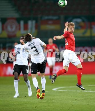 Fussball Laenderspiel. Oesterreich gegen Deutschland. Moritz Bauer,  (Oesterreich),  Jonas Hector, (Deutschland). Klagenfurt Woerthersee Stadion, am 2.6.2018.
Foto: Kuess


---
pressefotos, pressefotografie, kuess, qs, qspictures, sport, bild, bilder, bilddatenbank