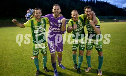 Fussball. Kaerntner Liga. Voelkermarkt gegen FC Lendorf. Jubel Marco Moser, Michael Zunder, Martin Morgenstern, Christian Kautz    (Lendorf). Voelkermarkt, 8.6.2018.
Foto: Kuess
---
pressefotos, pressefotografie, kuess, qs, qspictures, sport, bild, bilder, bilddatenbank