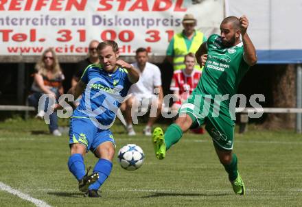 Fussball 1. Klasse C. Donau gegen Ebental. Philipp Podobnig, (Donau),  Stefan Trinker (Ebental). Klagenfurt, am 9.6.2018.
Foto: Kuess
---
pressefotos, pressefotografie, kuess, qs, qspictures, sport, bild, bilder, bilddatenbank