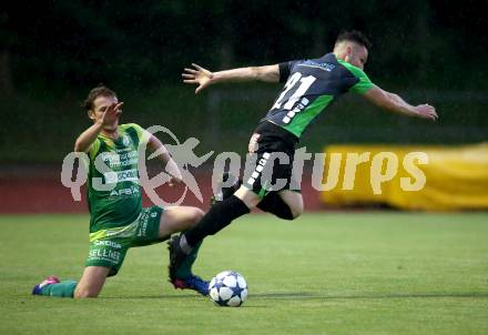 Fussball. Kaerntner Liga. Voelkermarkt gegen FC Lendorf. Ingo Mailaender,  (Voelkermarkt),  Daniel Heinrich Leitner (Lendorf). Voelkermarkt, 8.6.2018.
Foto: Kuess
---
pressefotos, pressefotografie, kuess, qs, qspictures, sport, bild, bilder, bilddatenbank