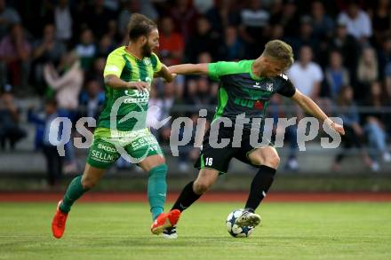 Fussball. Kaerntner Liga. Voelkermarkt gegen FC Lendorf. Manuel Primusch,  (Voelkermarkt),  Andreas Marco Allmayer (Lendorf). Voelkermarkt, 8.6.2018.
Foto: Kuess
---
pressefotos, pressefotografie, kuess, qs, qspictures, sport, bild, bilder, bilddatenbank