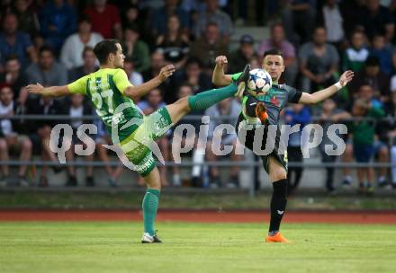 Fussball. Kaerntner Liga. Voelkermarkt gegen FC Lendorf. Enes Brdjanovic,  (Voelkermarkt),  Marco Moser (Lendorf). Voelkermarkt, 8.6.2018.
Foto: Kuess
---
pressefotos, pressefotografie, kuess, qs, qspictures, sport, bild, bilder, bilddatenbank