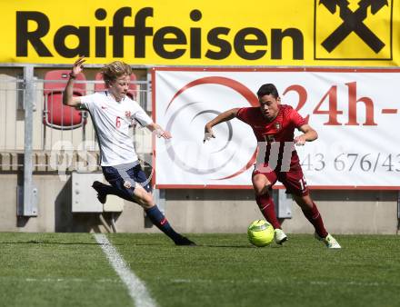 Fussball Laenderspiel. Tournament delle Nazioni. Norwegen gegen Portugal.  Odin Holm (Norwegen), Fabiano Mendonca (Portugal). Klagenfurt, am 24.4.2018.
Foto: Kuess
---
pressefotos, pressefotografie, kuess, qs, qspictures, sport, bild, bilder, bilddatenbank