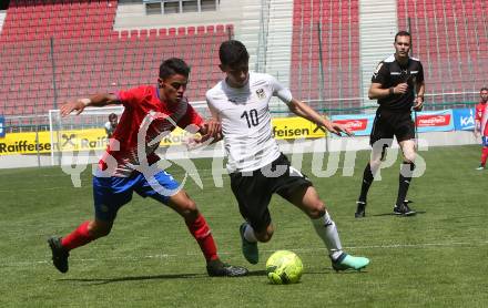 Fussball Laenderspiel. Tournament delle Nazioni. Oesterreich gegen Costa Rica. Yusuf Demir,  (Oesterreich), Andrey Yosue Soto Ruiz (Costa Rica). Klagenfurt, am 24.4.2018.
Foto: Kuess
---
pressefotos, pressefotografie, kuess, qs, qspictures, sport, bild, bilder, bilddatenbank