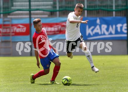 Fussball Laenderspiel. Tournament delle Nazioni. Oesterreich gegen Costa Rica. Ervin Omic,  (Oesterreich), Brandon Aguilera Zamora (Costa Rica). Klagenfurt, am 24.4.2018.
Foto: Kuess
---
pressefotos, pressefotografie, kuess, qs, qspictures, sport, bild, bilder, bilddatenbank