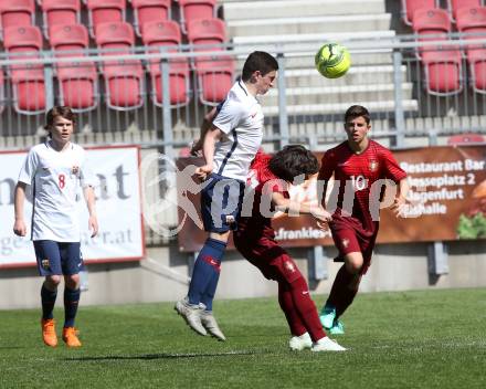 Fussball Laenderspiel. Tournament delle Nazioni. Norwegen gegen Portugal.  Christos Zaferis (Norwegen),  Vasco Sousa (Portugal). Klagenfurt, am 24.4.2018.
Foto: Kuess
---
pressefotos, pressefotografie, kuess, qs, qspictures, sport, bild, bilder, bilddatenbank