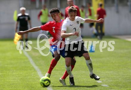 Fussball Laenderspiel. Tournament delle Nazioni. Oesterreich gegen Costa Rica. Jakob Knollmueller,  (Oesterreich), Rawy Jafet Rodriguez Osorio (Costa Rica). Klagenfurt, am 24.4.2018.
Foto: Kuess
---
pressefotos, pressefotografie, kuess, qs, qspictures, sport, bild, bilder, bilddatenbank