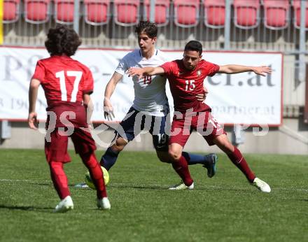 Fussball Laenderspiel. Tournament delle Nazioni. Norwegen gegen Portugal.  Eliot Llullaku (Norwegen), Fabiano Mendonca (Portugal). Klagenfurt, am 24.4.2018.
Foto: Kuess
---
pressefotos, pressefotografie, kuess, qs, qspictures, sport, bild, bilder, bilddatenbank