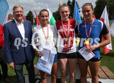 Leichtathletik. Oesterreichische Meisterschaften 2018.  400 Meter Huerden Frauen. Landeshauptmann Peter Kaiser, Thea GRUBESIC, Sigrid PORTENSCHLAGER, Magdalena BAUR. Klagenfurt, am 22.7.2018.
Foto: Kuess
---
pressefotos, pressefotografie, kuess, qs, qspictures, sport, bild, bilder, bilddatenbank