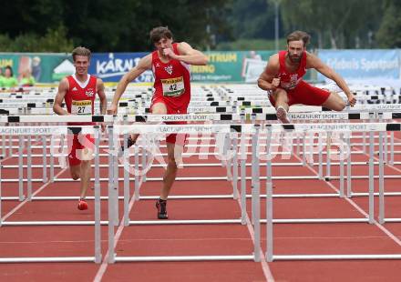 Leichtathletik. Oesterreichische Meisterschaften 2018.  110 Huerden. Ivan FERRIGHETTO (Nr. 27), Dominik SIEDLACZEK (Nr. 42), Florian DOMENIG (Nr. 25). Klagenfurt, am 22.7.2018.
Foto: Kuess
---
pressefotos, pressefotografie, kuess, qs, qspictures, sport, bild, bilder, bilddatenbank