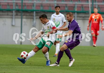 Fussball 2. Liga. SK Austria Klagenfurt gegen SC Austria Lustenau.  Volkan Akyildiz,  (Klagenfurt), Marco Krainz  (Lustenau). Klagenfurt, am 27.7.2018.
Foto: Kuess
---
pressefotos, pressefotografie, kuess, qs, qspictures, sport, bild, bilder, bilddatenbank