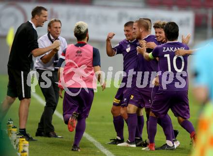 Fussball 2. Liga. SK Austria Klagenfurt gegen SC Austria Lustenau.  Torjubel Markus Rusek (Klagenfurt). Klagenfurt, am 27.7.2018.
Foto: Kuess
---
pressefotos, pressefotografie, kuess, qs, qspictures, sport, bild, bilder, bilddatenbank
