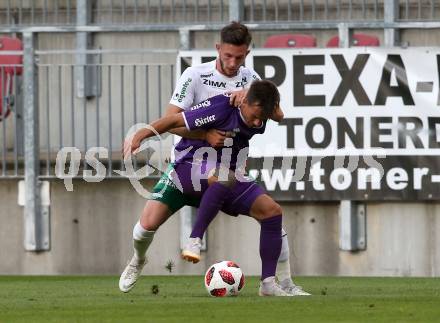 Fussball 2. Liga. SK Austria Klagenfurt gegen SC Austria Lustenau.  Daniel Steinwender,  (Klagenfurt),  Marcel Canadi (Lustenau). Klagenfurt, am 27.7.2018.
Foto: Kuess
---
pressefotos, pressefotografie, kuess, qs, qspictures, sport, bild, bilder, bilddatenbank