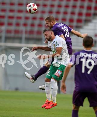 Fussball 2. Liga. SK Austria Klagenfurt gegen SC Austria Lustenau.  Markus Rusek, (Klagenfurt), Sandro Djuric  (Lustenau). Klagenfurt, am 27.7.2018.
Foto: Kuess
---
pressefotos, pressefotografie, kuess, qs, qspictures, sport, bild, bilder, bilddatenbank