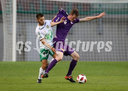 Fussball 2. Liga. SK Austria Klagenfurt gegen SC Austria Lustenau.  Scott Fitzgerald Kennedy, (Klagenfurt),  Petar Pavlovic  (Lustenau). Klagenfurt, am 27.7.2018.
Foto: Kuess
---
pressefotos, pressefotografie, kuess, qs, qspictures, sport, bild, bilder, bilddatenbank