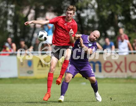 Fussball Unterliga Ost. Gurnitz gegen Eisenkappel. Michael Kolbitsch,  (Gurnitz), Florian Romano (Eisenkappel). Gurnitz, am 29.7.2018.
Foto: Kuess
---
pressefotos, pressefotografie, kuess, qs, qspictures, sport, bild, bilder, bilddatenbank