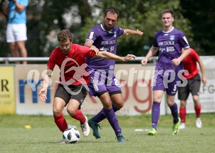 Fussball Unterliga Ost. Gurnitz gegen Eisenkappel. Daniel Matzner, (Gurnitz),  David Writzl  (Eisenkappel). Gurnitz, am 29.7.2018.
Foto: Kuess
---
pressefotos, pressefotografie, kuess, qs, qspictures, sport, bild, bilder, bilddatenbank