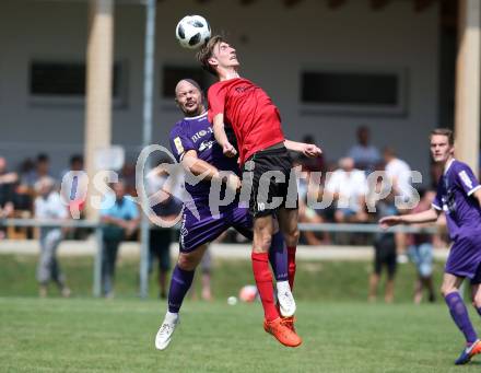 Fussball Unterliga Ost. Gurnitz gegen Eisenkappel. Michael Kolbitsch,  (Gurnitz), Florian Romano (Eisenkappel). Gurnitz, am 29.7.2018.
Foto: Kuess
---
pressefotos, pressefotografie, kuess, qs, qspictures, sport, bild, bilder, bilddatenbank