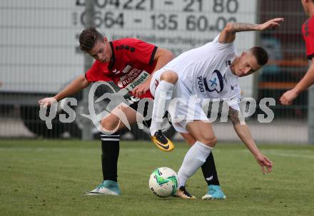 Fussball. Kaerntner Liga. SAK gegen St. Michael/Bleiburg. Zoran Vukovic,  (SAK), Samuel Markus Hoffmann  (St. Michael). Klagenfurt, 3.8.2018.
Foto: Kuess
---
pressefotos, pressefotografie, kuess, qs, qspictures, sport, bild, bilder, bilddatenbank