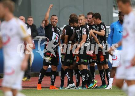 Fussball tipico Bundesliga. RZ Pellets WAC gegen FK Austria Wien. Torjubel Michael Sollbauer, Michael Liendl, Christopher Wernitznig (WAC). Wolfsberg, am 5.8.2018.
Foto: Kuess

---
pressefotos, pressefotografie, kuess, qs, qspictures, sport, bild, bilder, bilddatenbank