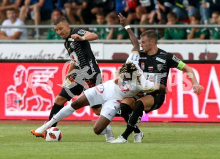 Fussball tipico Bundesliga. RZ Pellets WAC gegen FK Austria Wien. Christopher Wernitznig, Michael Sollbauer, (WAC), Osagie Bright Edomwonyi  (Austria Wien). Wolfsberg, am 5.8.2018.
Foto: Kuess

---
pressefotos, pressefotografie, kuess, qs, qspictures, sport, bild, bilder, bilddatenbank