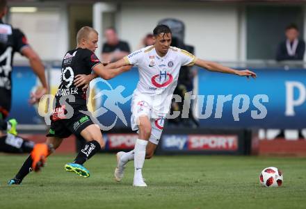 Fussball tipico Bundesliga. RZ Pellets WAC gegen FK Austria Wien. Sven Sprangler,  (WAC), Uros Matic (Austria Wien). Wolfsberg, am 5.8.2018.
Foto: Kuess

---
pressefotos, pressefotografie, kuess, qs, qspictures, sport, bild, bilder, bilddatenbank