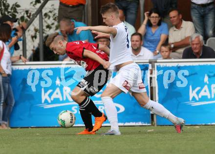 Fussball. Kaerntner Liga. SAK gegen St. Michael/Bleiburg. Jon Benkovic,  (SAK), Oliver Unterwurzacher  (St. Michael). Klagenfurt, 3.8.2018.
Foto: Kuess
---
pressefotos, pressefotografie, kuess, qs, qspictures, sport, bild, bilder, bilddatenbank