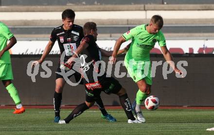 Fussball Testspiel. RZ Pellets WAC gegen Hannover 96. Mario Leitgeb (WAC), Niclas Fuellkrug  (Hannover). Wolfsberg, am 1.8.2018.
Foto: Kuess
---
pressefotos, pressefotografie, kuess, qs, qspictures, sport, bild, bilder, bilddatenbank