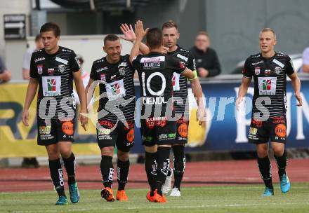 Fussball tipico Bundesliga. RZ Pellets WAC gegen FK Austria Wien. Torjubel Michael Sollbauer, Michael Liendl, Christopher Wernitznig (WAC). Wolfsberg, am 5.8.2018.
Foto: Kuess

---
pressefotos, pressefotografie, kuess, qs, qspictures, sport, bild, bilder, bilddatenbank